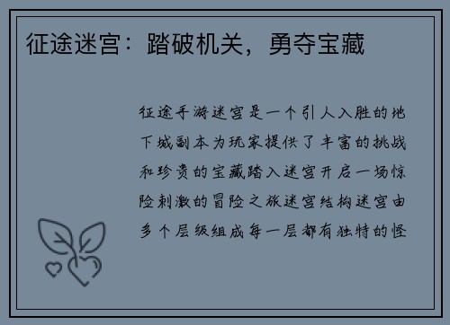 征途迷宫：踏破机关，勇夺宝藏