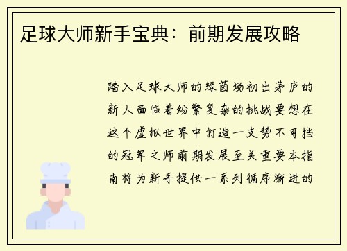 足球大师新手宝典：前期发展攻略